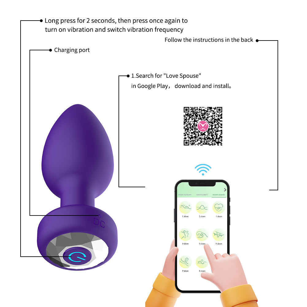 Purple Silicone Anal Plug Vibrating with Diamond 3-Piece Set For Men Charging Remote Control APP