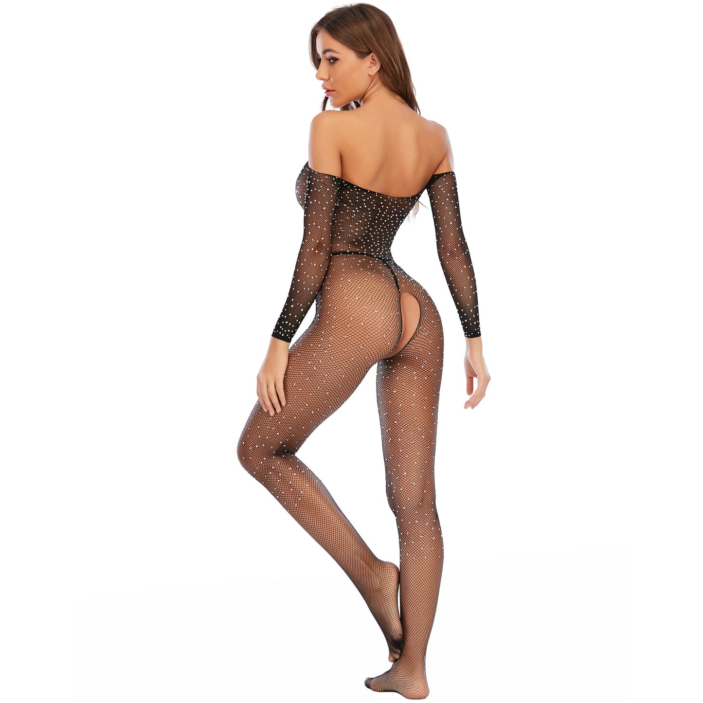 Sexy Women Bodysuit Sequined Fishnet Bodystockings Open Crotch One Piece Underwear Sleepwear Babydoll