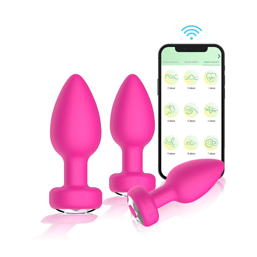 Pink Silicone Anal Plug Vibrating 3-Piece Set For Men Charging Remote Control APP