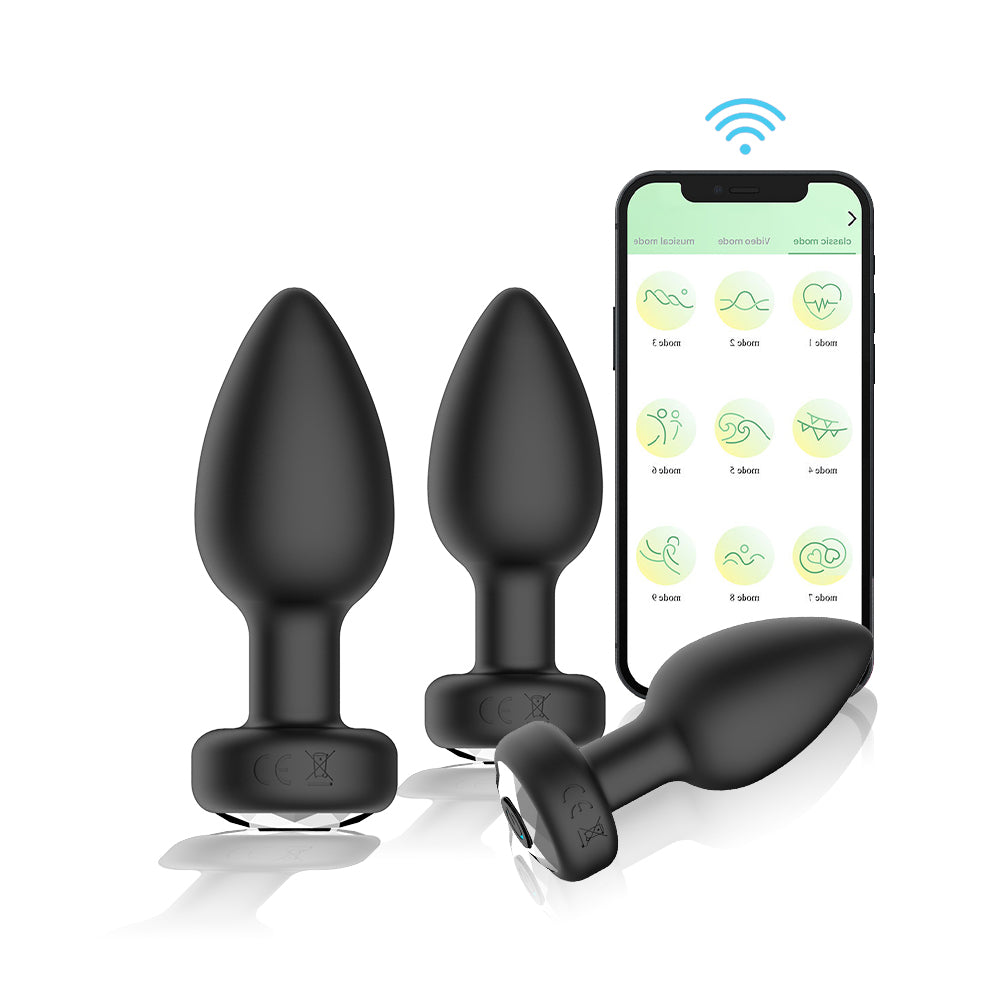 Black Silicone Anal Plug Vibrating with Diamond 3-Piece Set For Men Charging Remote Control APP