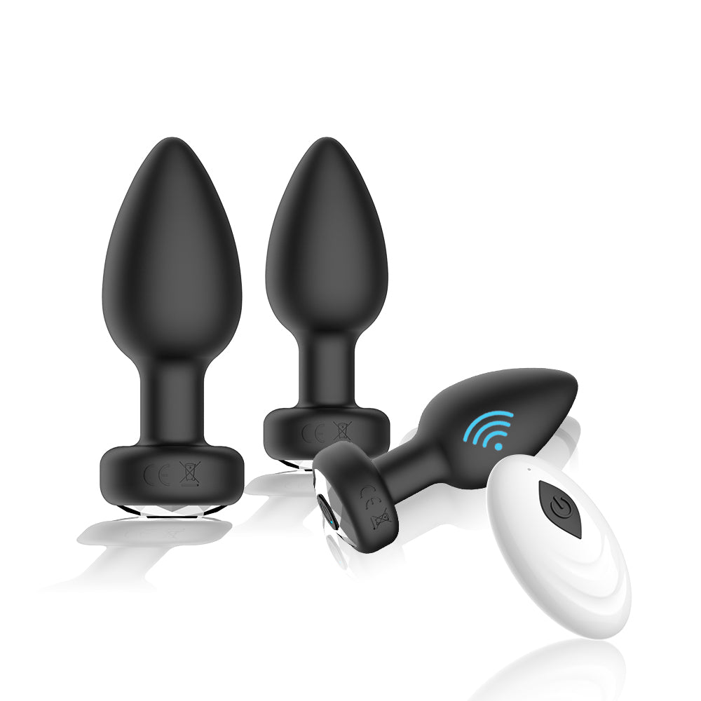 Black Silicone Anal Plug Vibrating with Diamond 3-Piece Set For Men Charging Remote Control APP