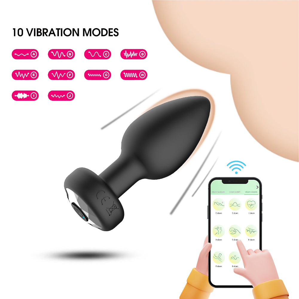 Black Silicone Anal Plug Vibrating with Diamond 3-Piece Set For Men Charging Remote Control APP