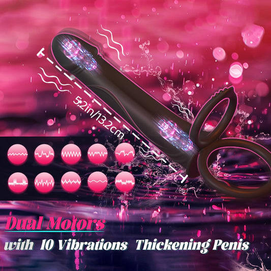 Strap-On Anal Dildo with Vibrating Cock Ring and Butt Plug - 10 Vibration Modes for Couples' Pleasure, Double Dildo Anal Vibrator for Men & Women