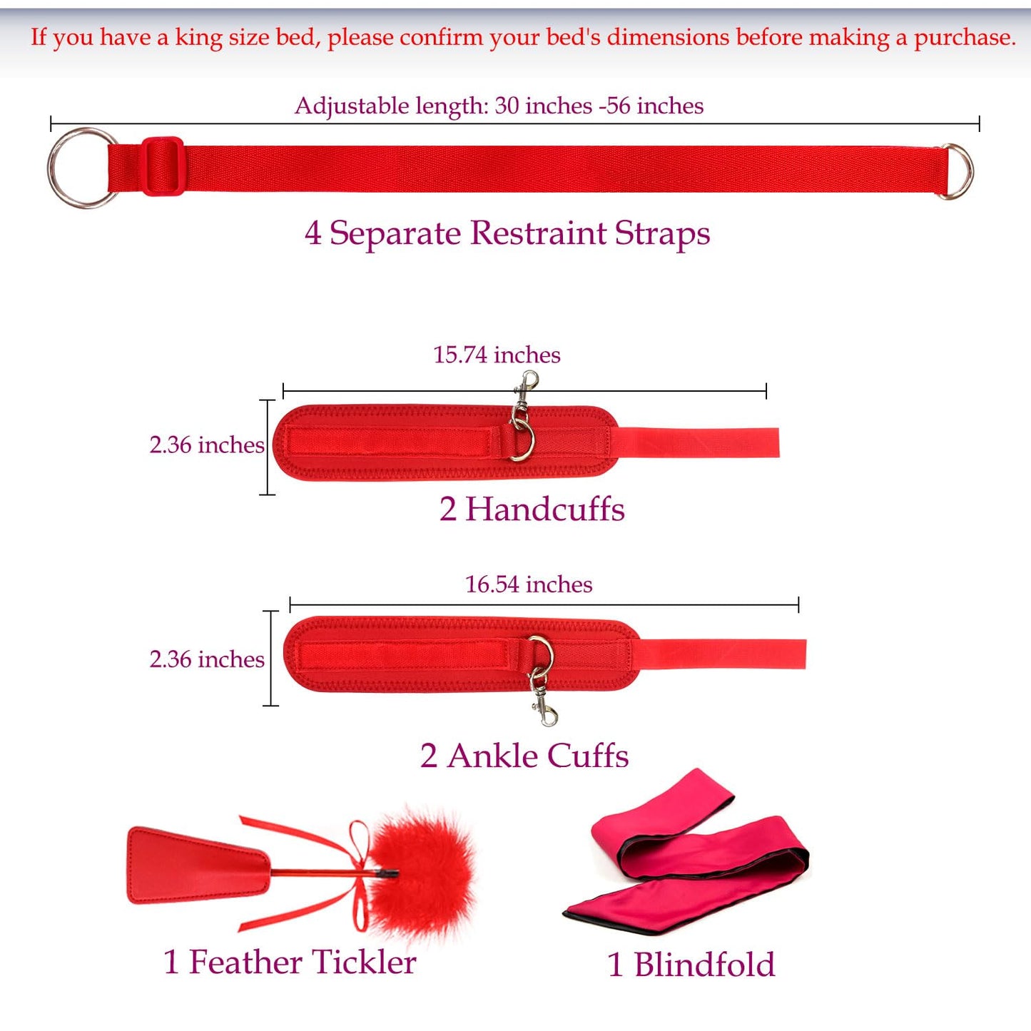 Versatile BDSM Bondage Kit with Restraints, Cuffs, Blindfold, and Feather for Couples.