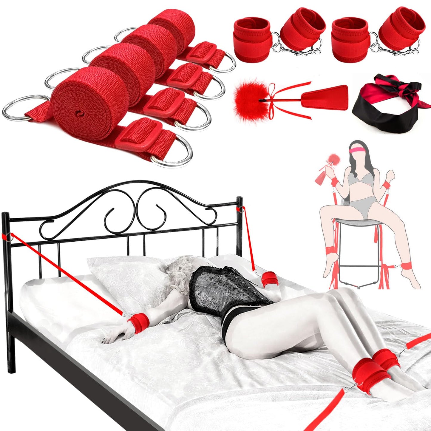 Versatile BDSM Bondage Kit with Restraints, Cuffs, Blindfold, and Feather for Couples.