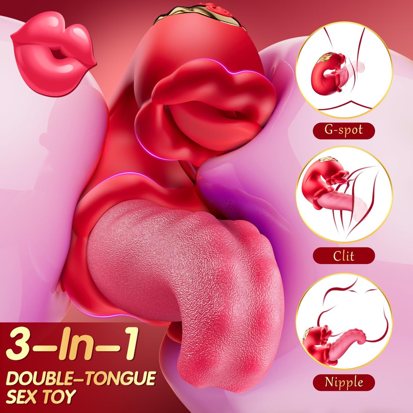 4-in-1 Tongue Thrusting Vibrator for Women - Rose Sex Toy with 10 Clit Licking & Rocking Modes, Sucking Clit Stimulator, G-Spot Pleasure Tool for Solo or Couple Play